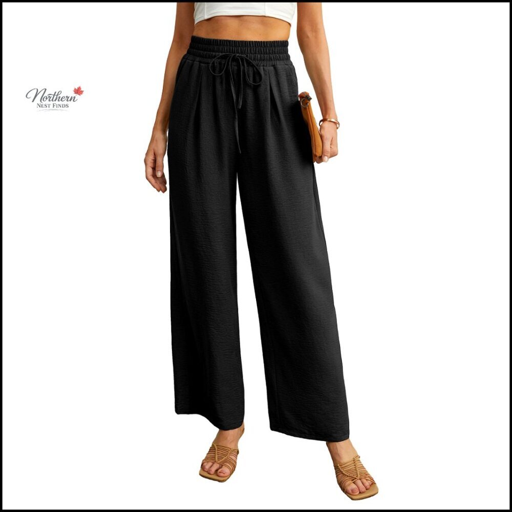 Wide Leg Casual Pants with Pockets High Waist Adjustable Elastic